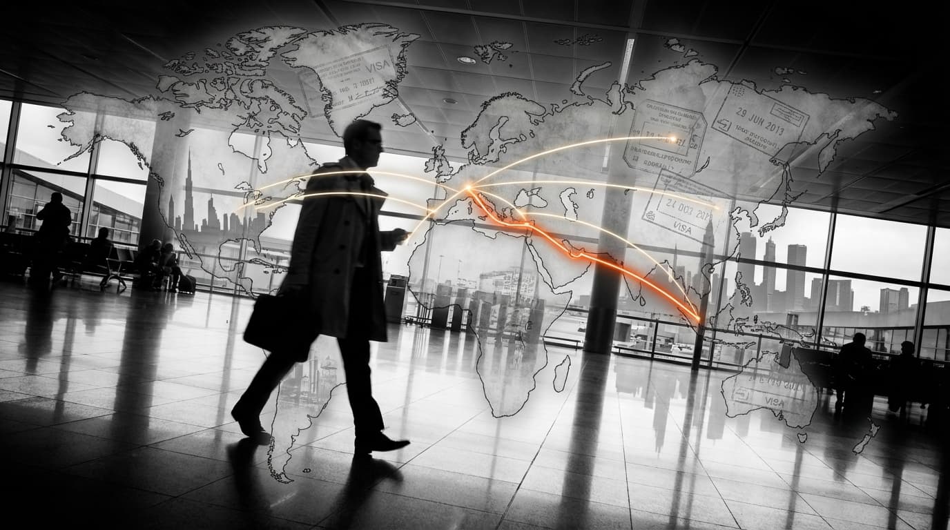 Geschäftsmann im Flughafen mit Weltkarte - 8 beste Länder zum Auswandern im Steuervergleich