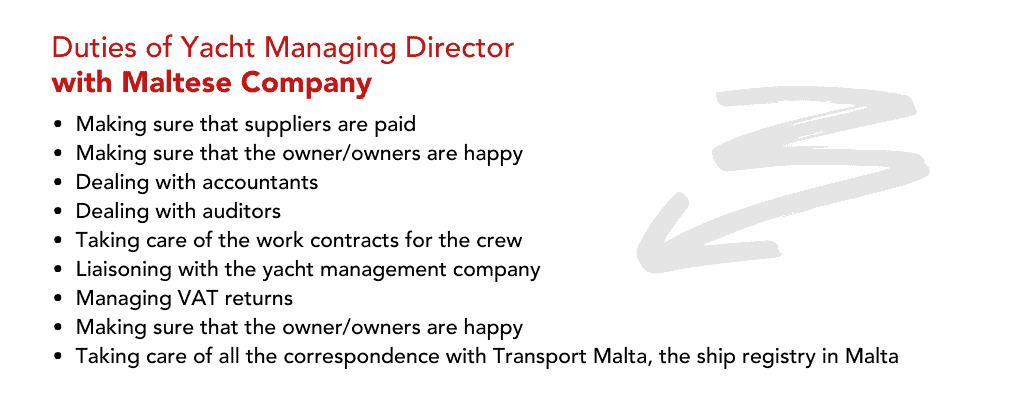 Making sure that suppliers are paid Making sure that the owner/owners are happy Dealing with accountants Dealing with auditors Taking care of the work contracts for the crew Liaisoning with the yacht management company Managing VAT returns Making sure that the owner/owners are happy Taking care of all the correspondence with Transport Malta, the ship registry in Malta